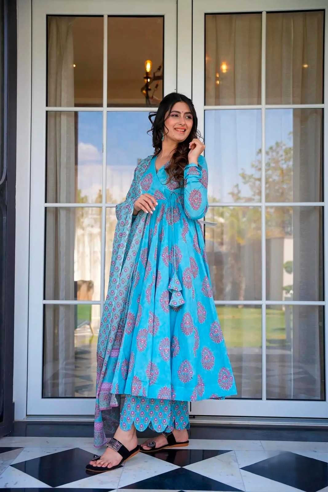 Sky Blue with Pink Printed Kurti set!