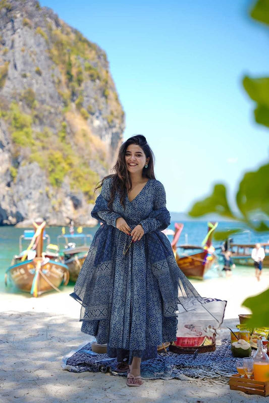 Indigo Blue Ajrakh Printed Anghrakha Kurti set!