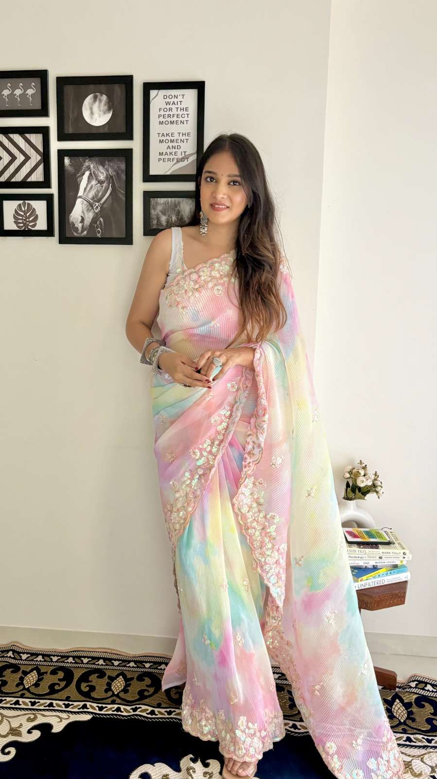 Pastel Rainbow Ombre Georgette Saree with Sequin Embroidery