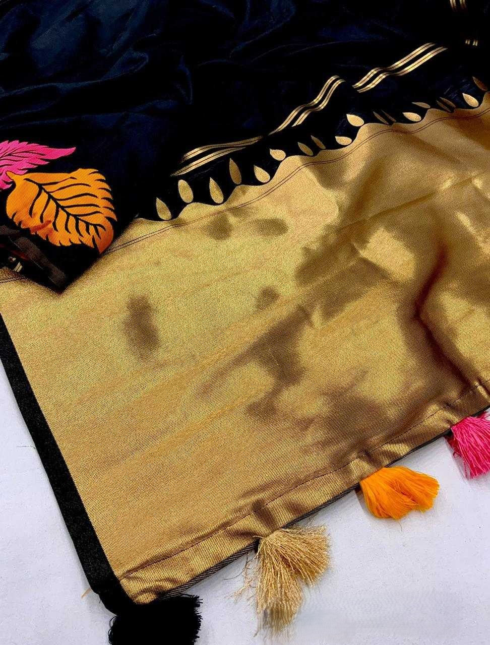 Midnight Botanica – Multicolor Leaf Print Soft Silk Saree