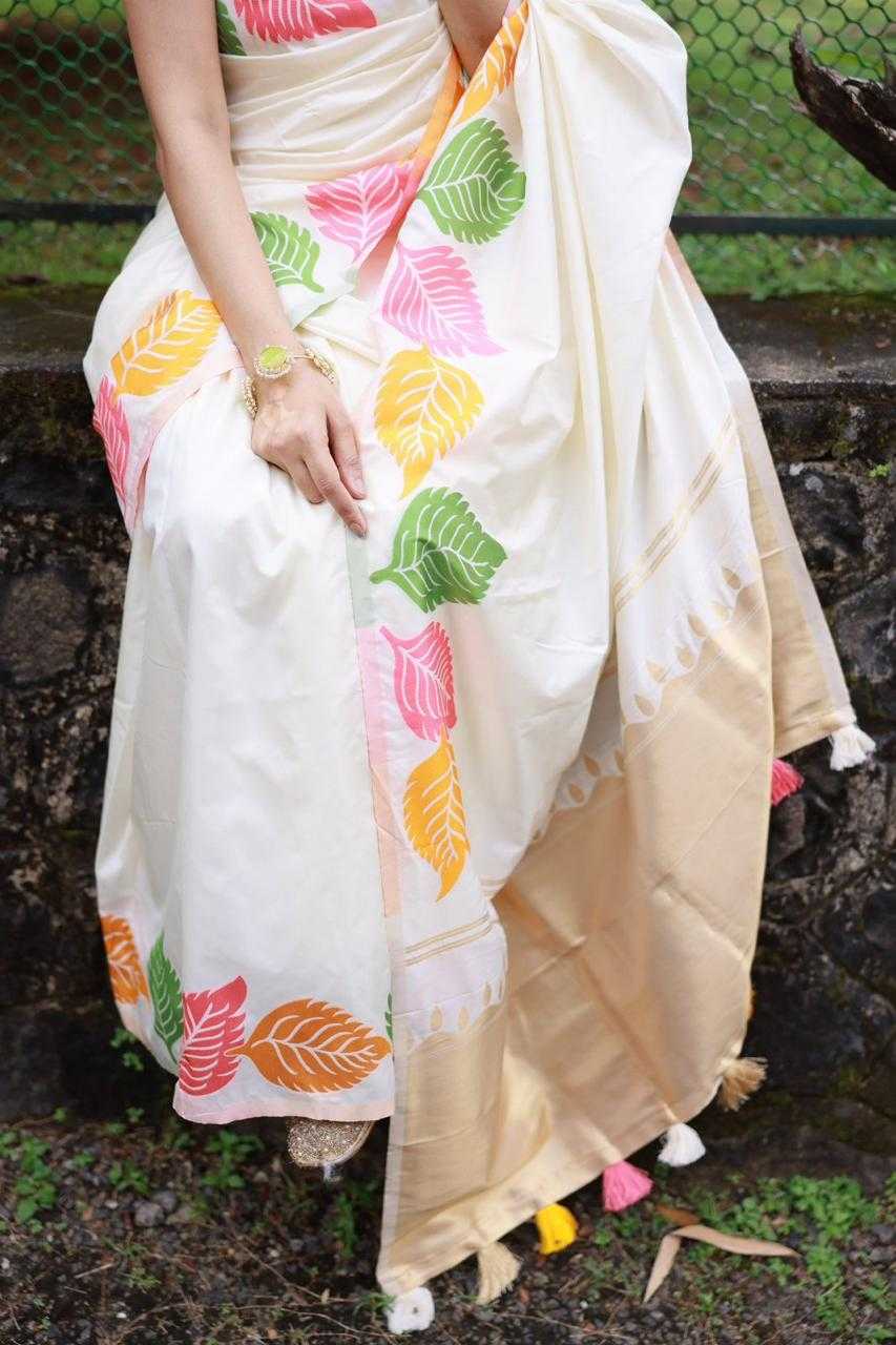 Ivory Bloom – Multicolor Leaf Print Soft Silk Saree