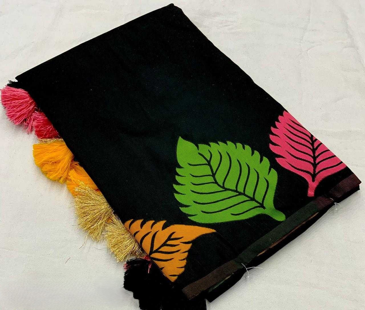 Midnight Botanica – Multicolor Leaf Print Soft Silk Saree