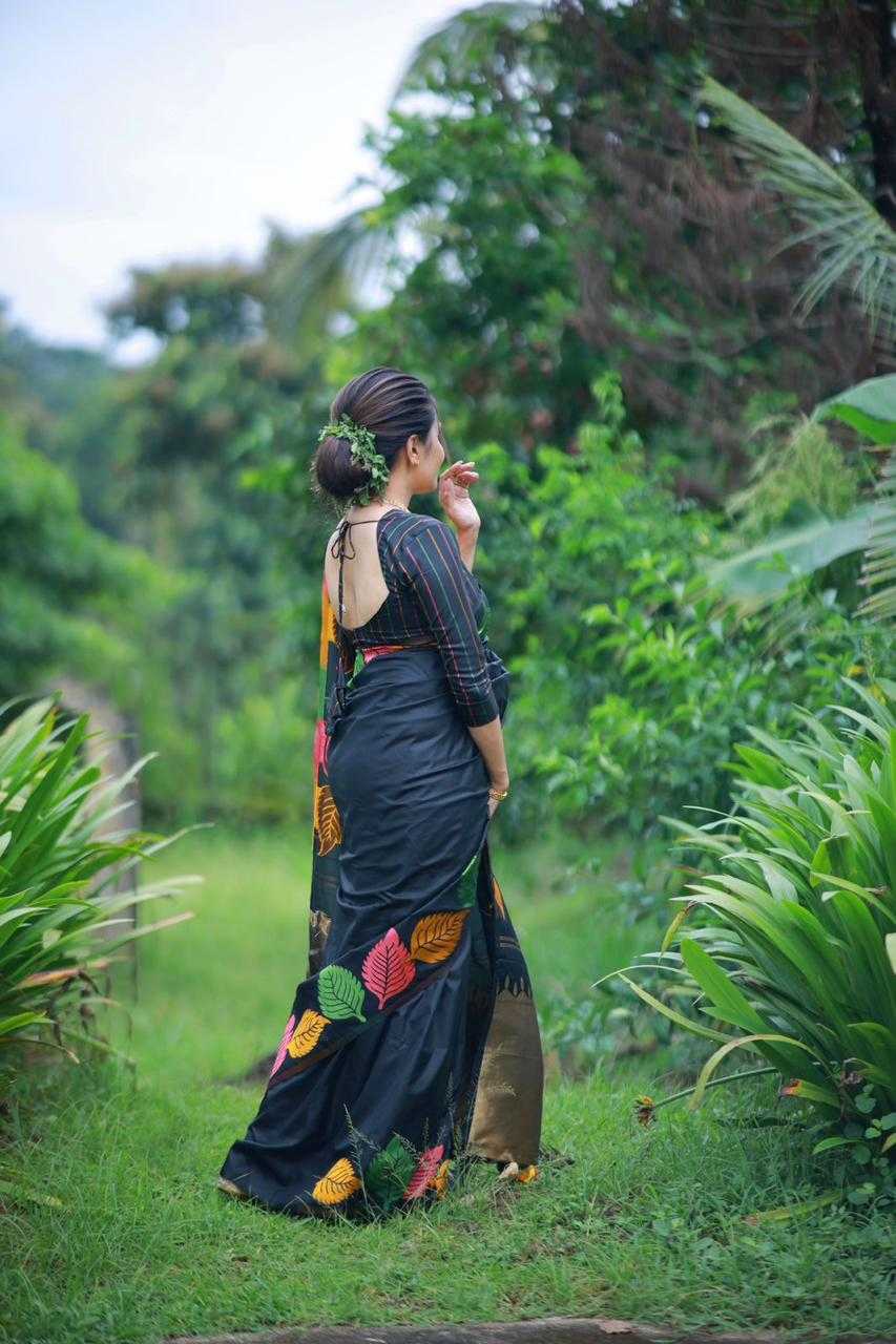 Midnight Botanica – Multicolor Leaf Print Soft Silk Saree