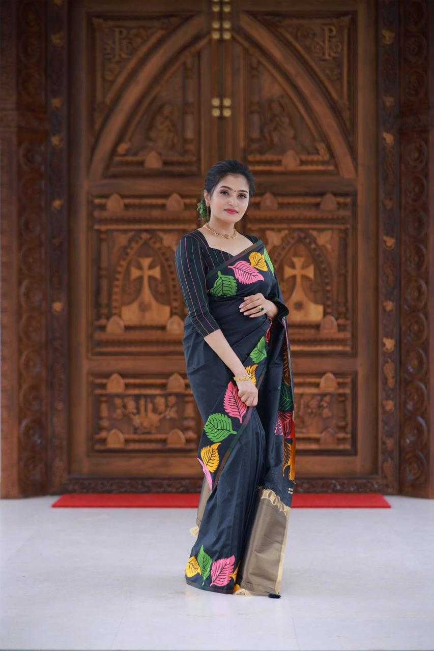 Midnight Botanica – Multicolor Leaf Print Soft Silk Saree