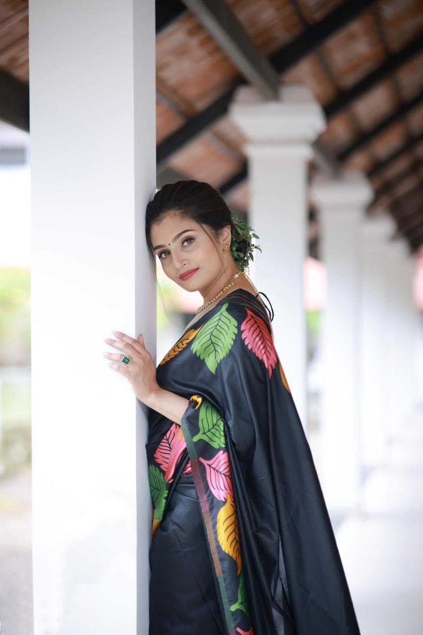 Midnight Botanica – Multicolor Leaf Print Soft Silk Saree