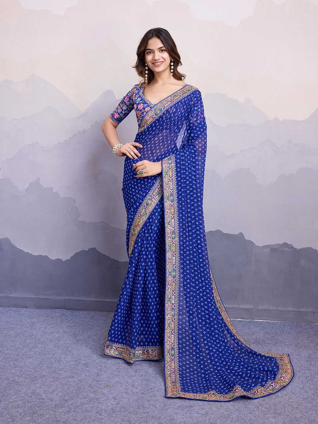 Royal Blue Georgette Printed Saree with Embroidered Border