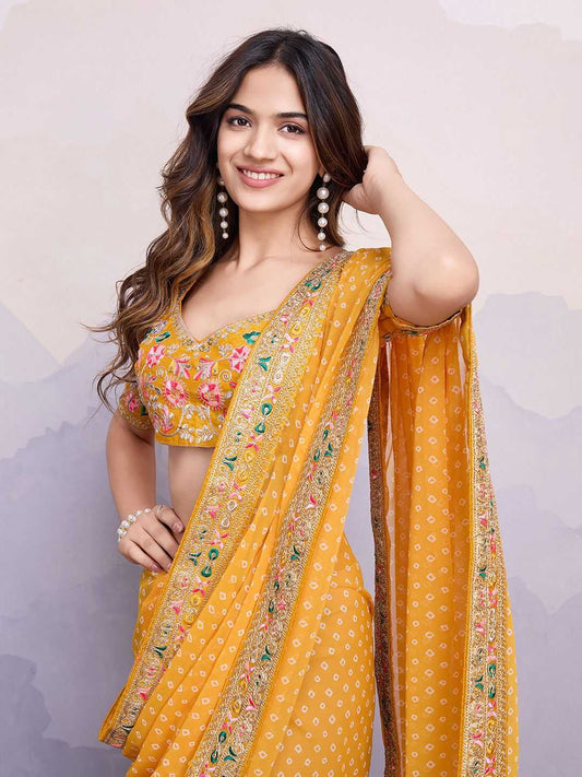 Yellow Georgette Printed Saree with Embroidered Border – Grace Meets Glamour