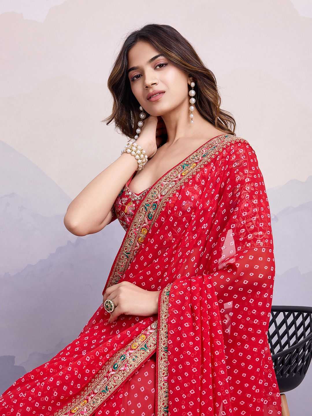 Red Georgette Printed Saree with Embroidered Border – Grace Meets Glamour