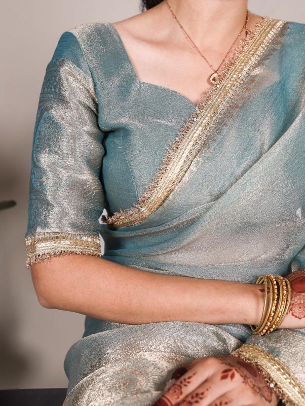 Ice Blue Celeste Shimmer Tissue Sarees