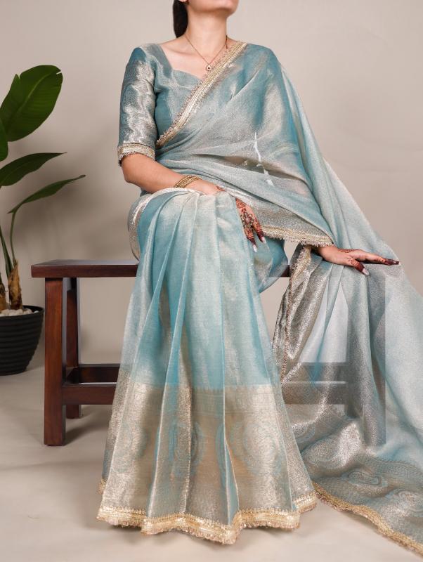 Ice Blue Celeste Shimmer Tissue Sarees