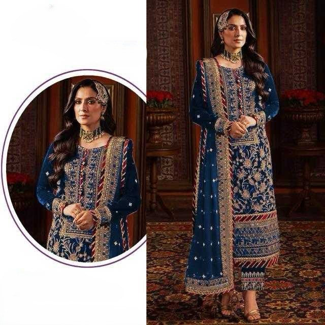 Royal Navy Blue Velvet Embroidered Readymade Suit