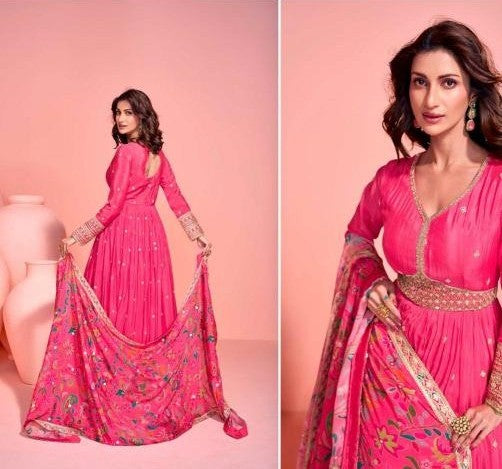 Elegant Pink Anarkali Dress with Gold Embroidery with light can-can
