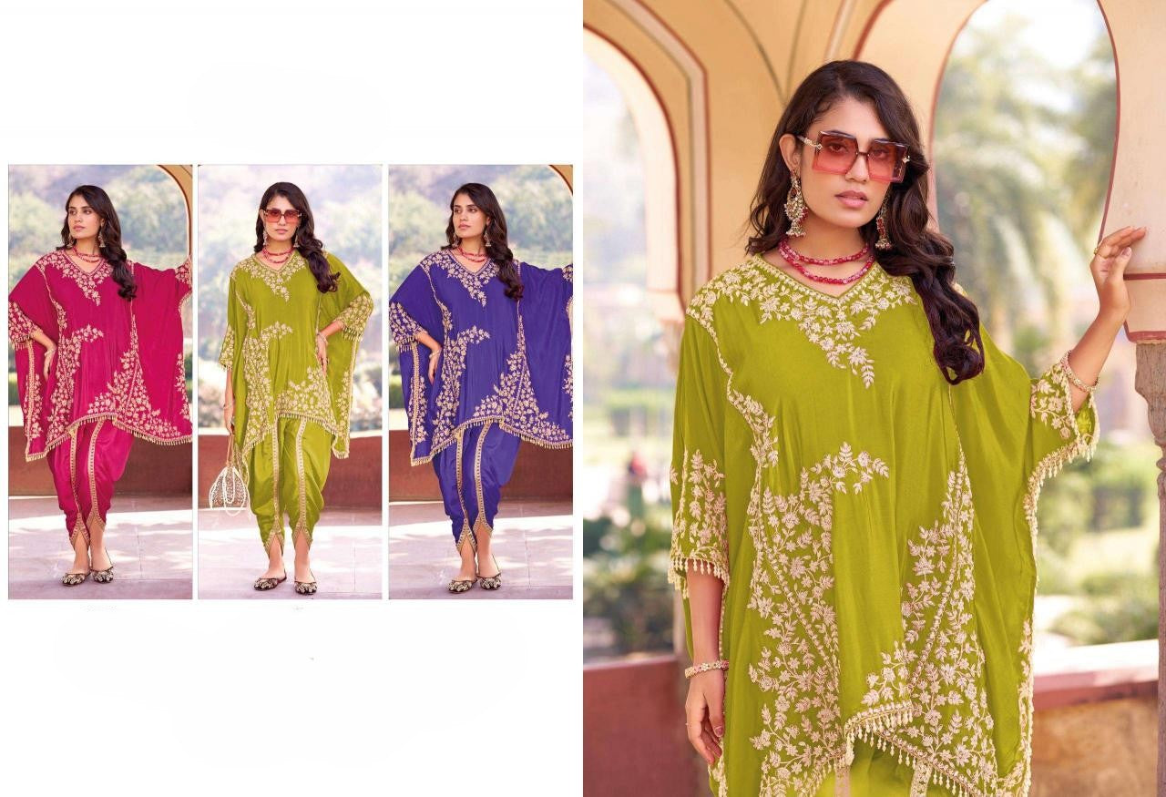 chinon exclusive design full stitch kaftan dhoti style suit