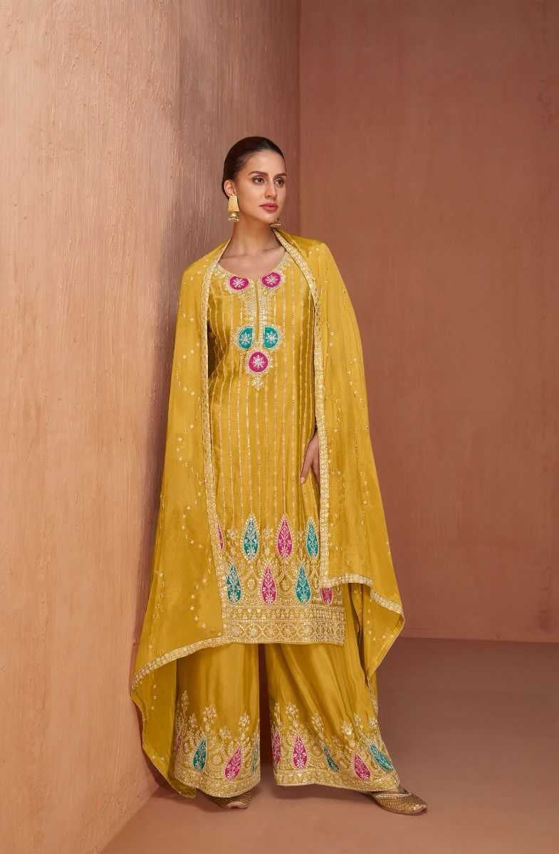 Mustard Yellow Designer Chinon Kurti with Palazzo & Dupatta – Festive & Wedding Wear Set