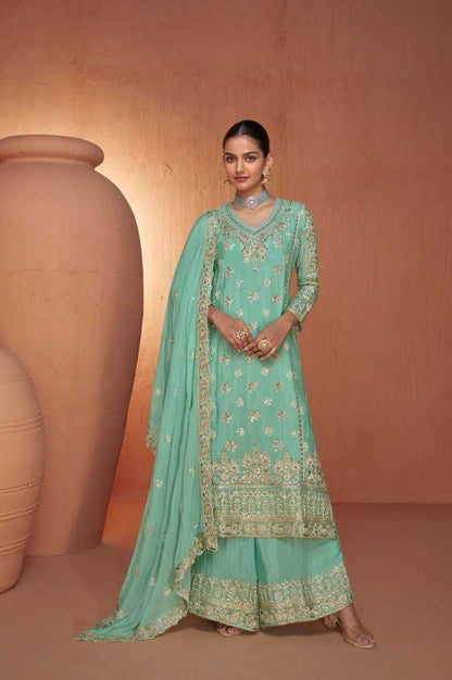 Mint Green Designer Chinon Kurti with Palazzo & Dupatta – Festive & Wedding Wear Set