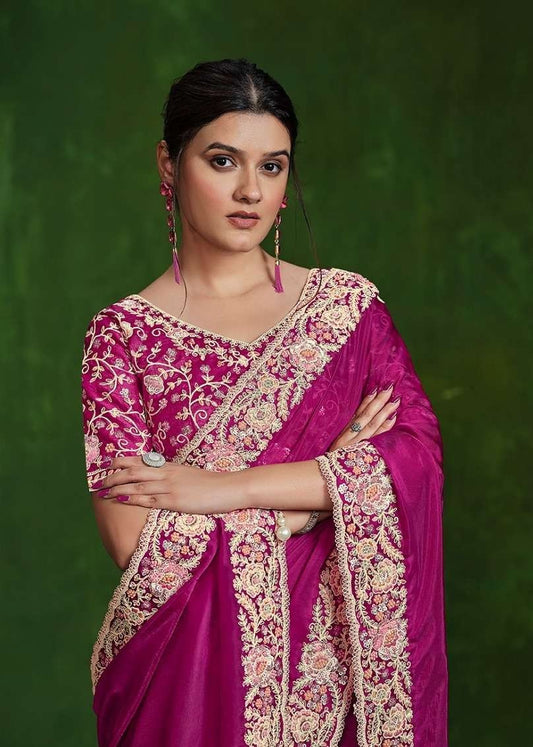 Elegant Magenta Embroidered Silk Saree with Ready made Blouse