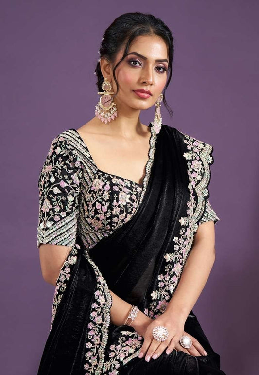 Black & Blush Pink Designer Embroidered Silk Saree