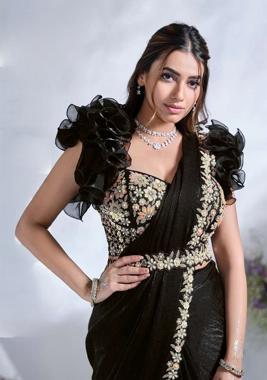 Black Embroidered Designer Ready-to-Wear Saree with Ruffled Sleeves Blouse