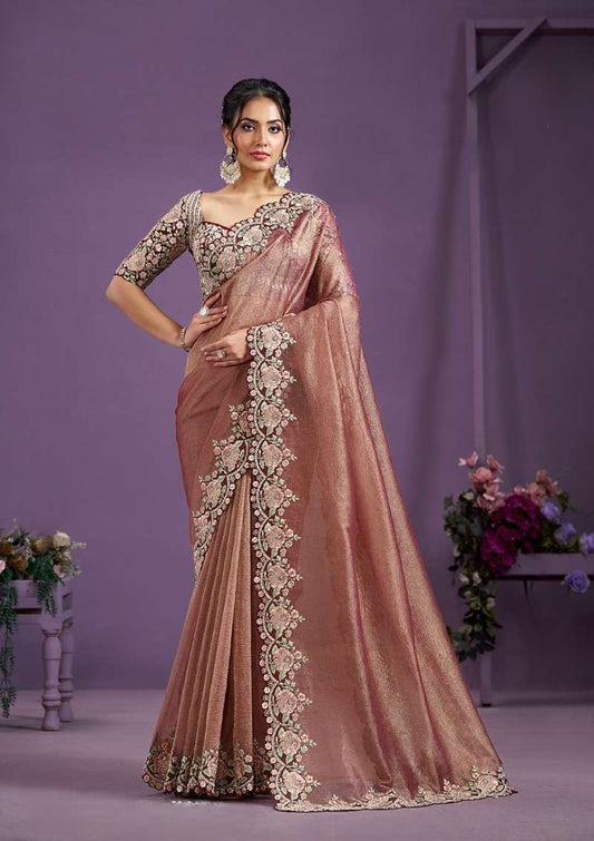 Metallic Rose Designer Embroidered Silk Saree