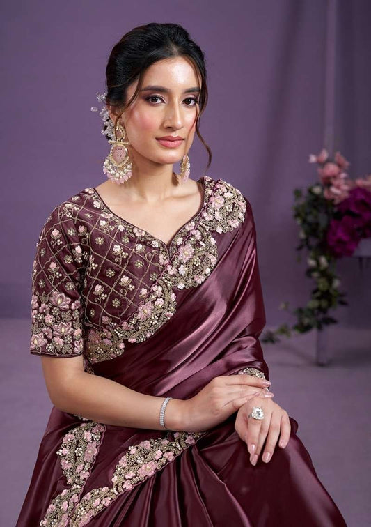 Maroon Satin Silk Designer Saree with Heavy Embroidery