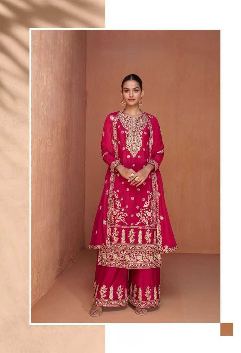 Royal Pink Designer Chinon Kurti with Palazzo & Dupatta – Festive & Wedding Wear Set