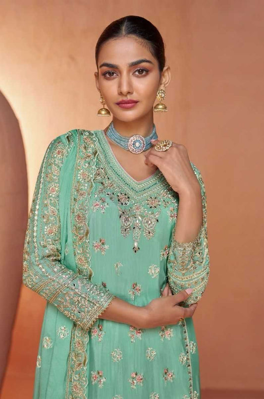 Mint Green Designer Chinon Kurti with Palazzo & Dupatta – Festive & Wedding Wear Set