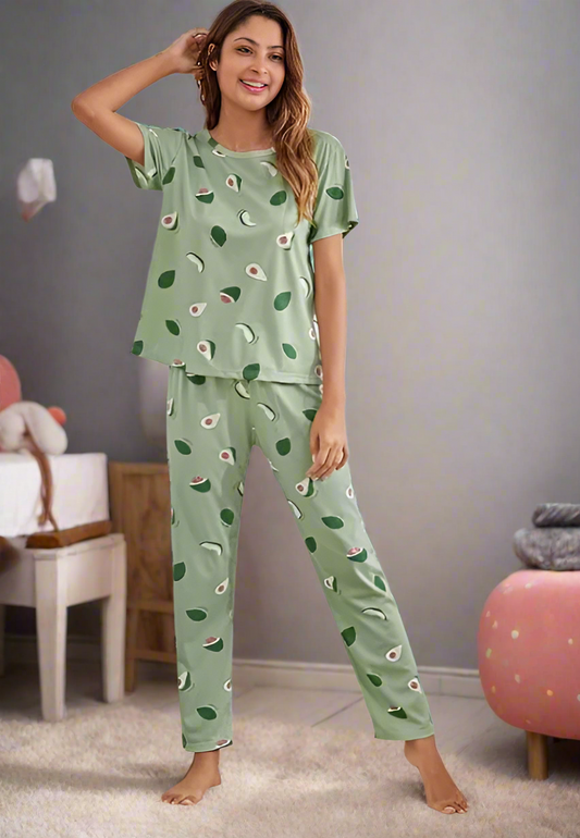 Printed Round Neck Short Sleeve Night suit Set