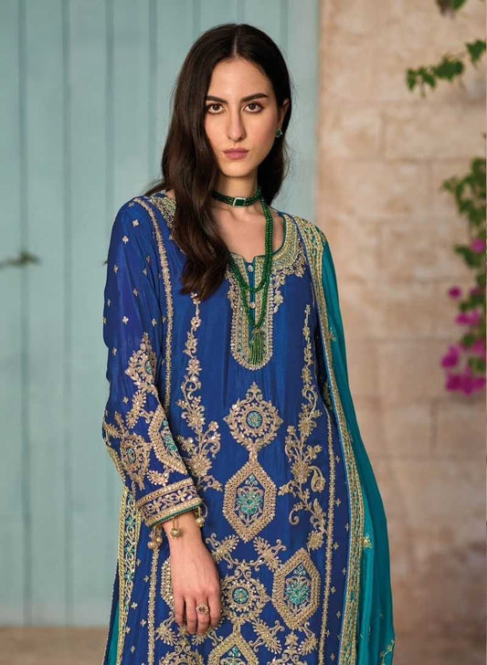 Elegant Blue and Teal Embroidered Traditional Outfit