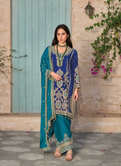 Elegant Blue and Teal Embroidered Traditional Outfit