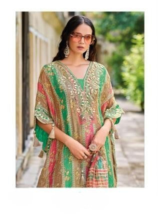 Elegant Multicolor Kaftan Style Embroidered Suit Set - Green