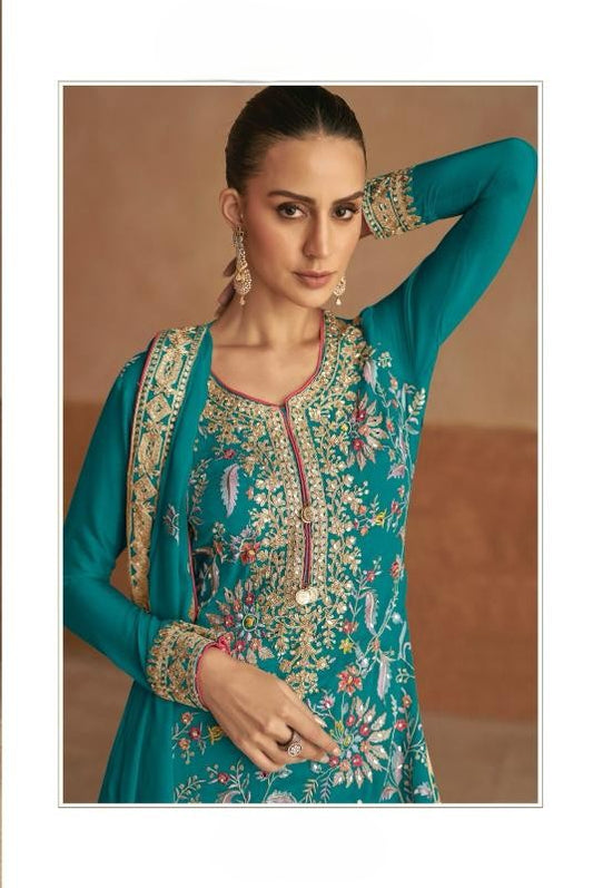 Turquoise thread Embroidered Kurta Palazzo Set