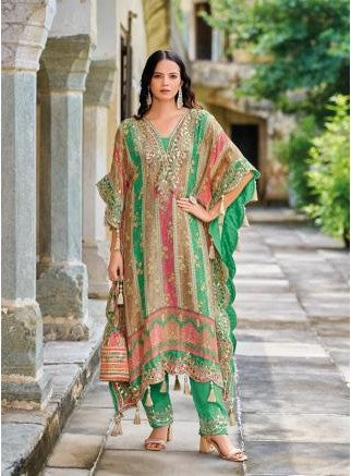 Elegant Multicolor Kaftan Style Embroidered Suit Set - Green