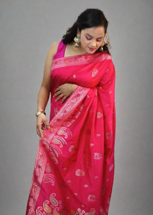 Rani Pink Soft Silk Saree with Full Zari Work