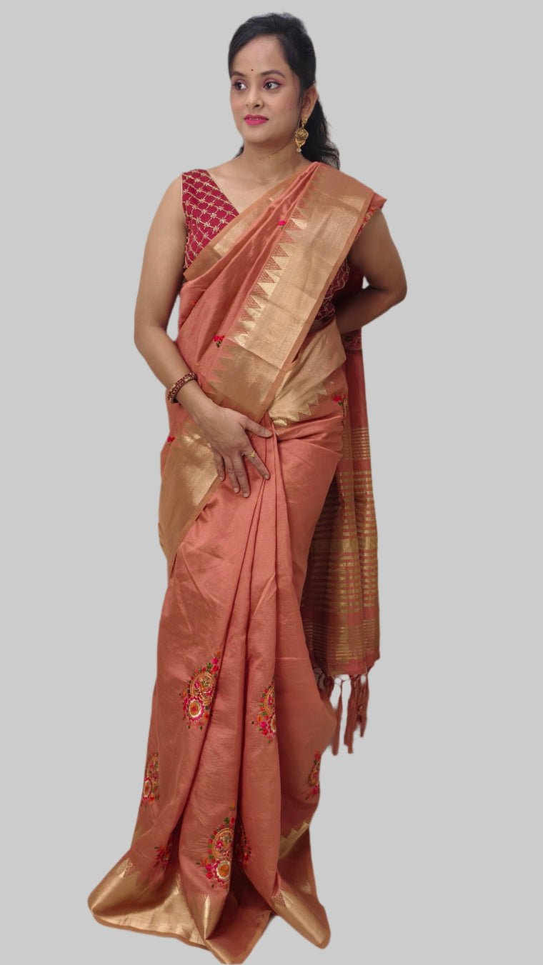 Dark Peach Cotton Silk Saree with Intricate Thread Work & Blouse Piece