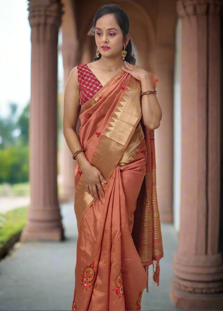 Dark Peach Cotton Silk Saree with Intricate Thread Work & Blouse Piece