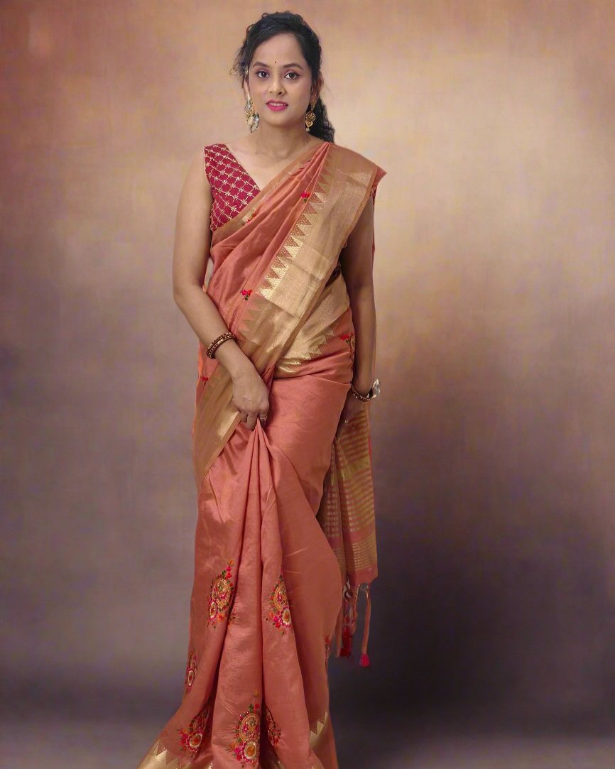 Dark Peach Cotton Silk Saree with Intricate Thread Work & Blouse Piece