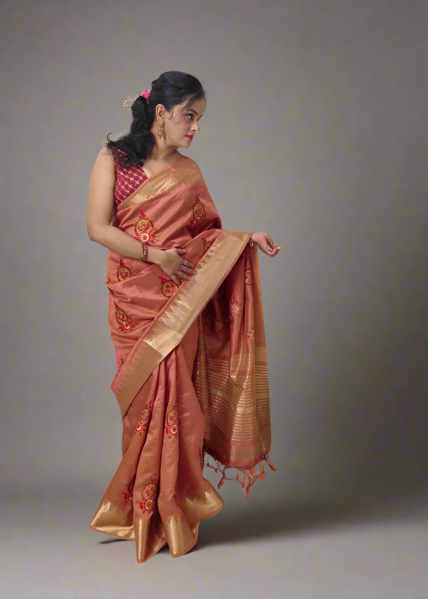 Dark Peach Cotton Silk Saree with Intricate Thread Work & Blouse Piece