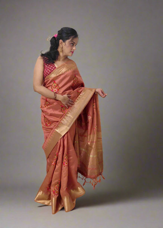 Dark Peach Cotton Silk Saree with Intricate Thread Work & Blouse Piece