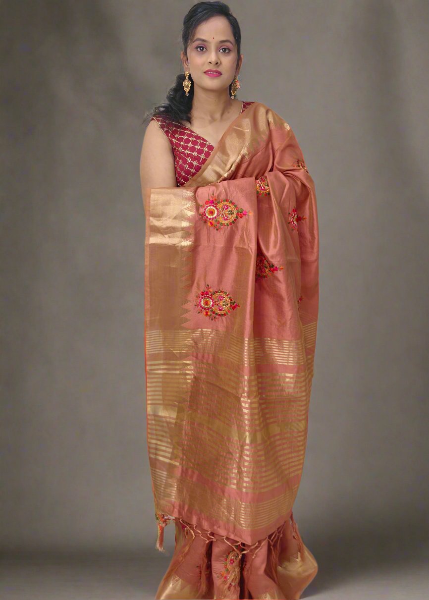 Dark Peach Cotton Silk Saree with Intricate Thread Work & Blouse Piece