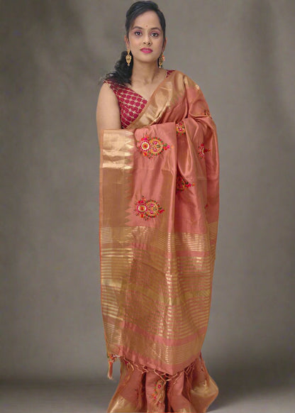 Dark Peach Cotton Silk Saree with Intricate Thread Work & Blouse Piece