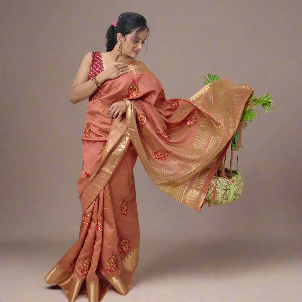 Dark Peach Cotton Silk Saree with Intricate Thread Work & Blouse Piece