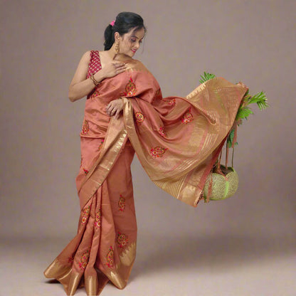 Dark Peach Cotton Silk Saree with Intricate Thread Work & Blouse Piece
