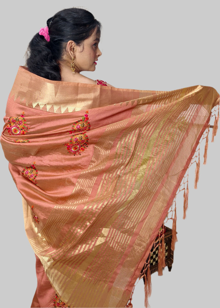 Dark Peach Cotton Silk Saree with Intricate Thread Work & Blouse Piece