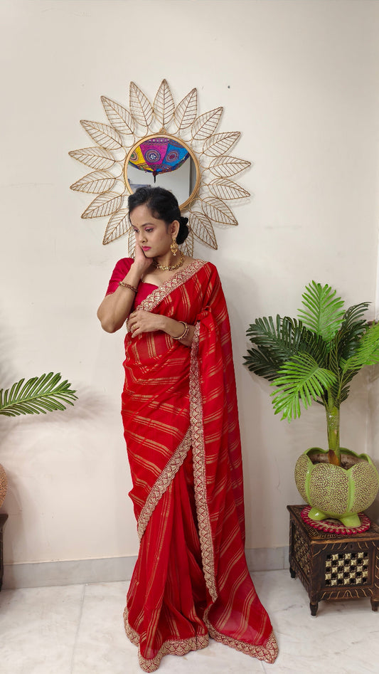 Elegant Chiffon Saree with Lace Border and Golden Prints