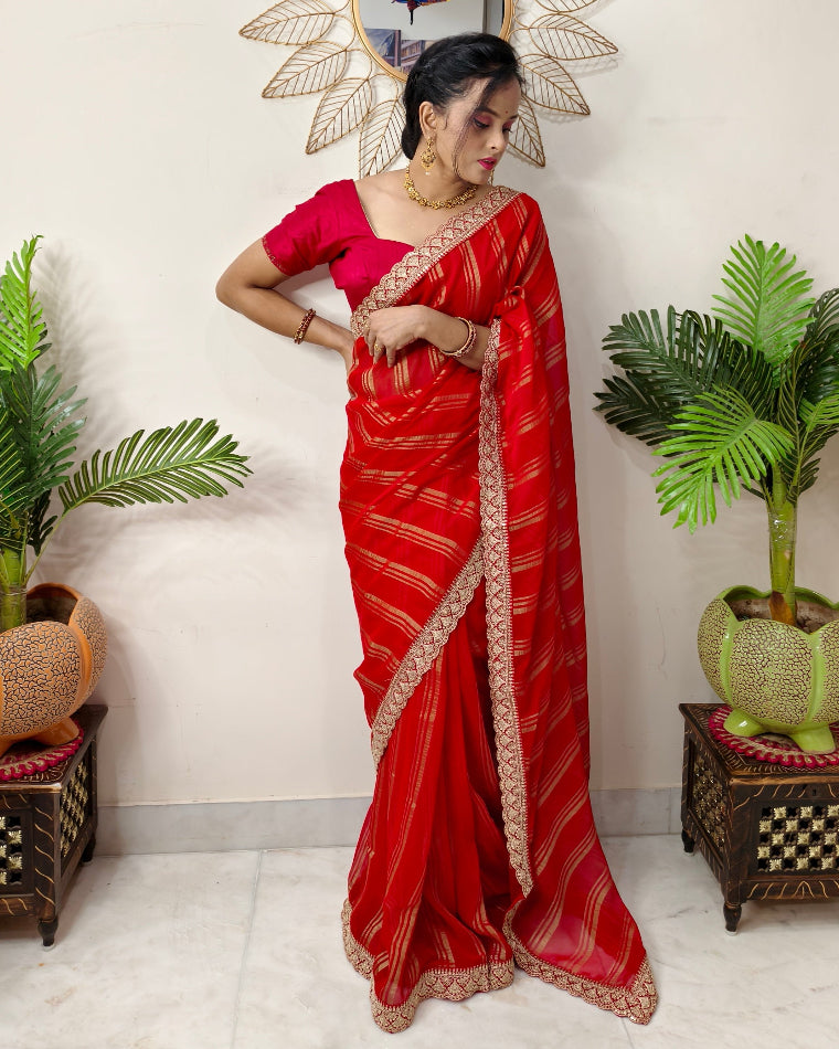 Elegant Chiffon Saree with Lace Border and Golden Prints