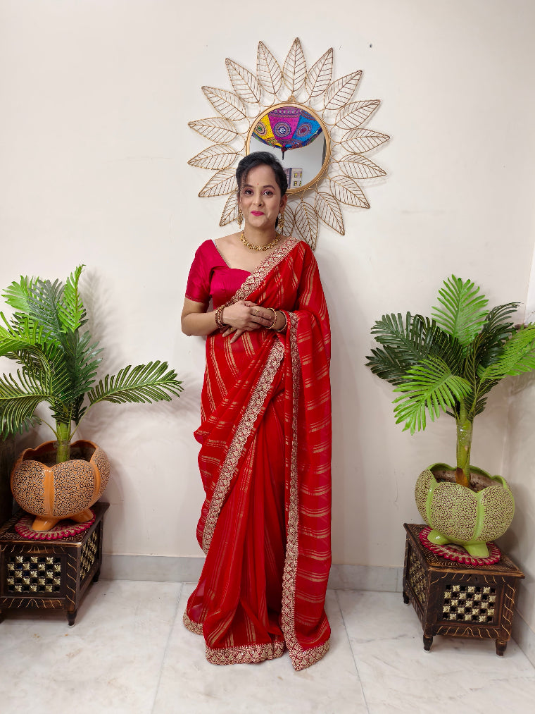 Elegant Chiffon Saree with Lace Border and Golden Prints