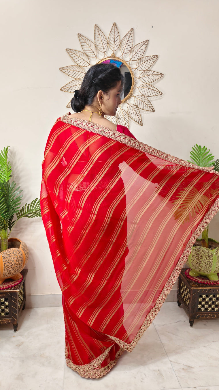 Elegant Chiffon Saree with Lace Border and Golden Prints