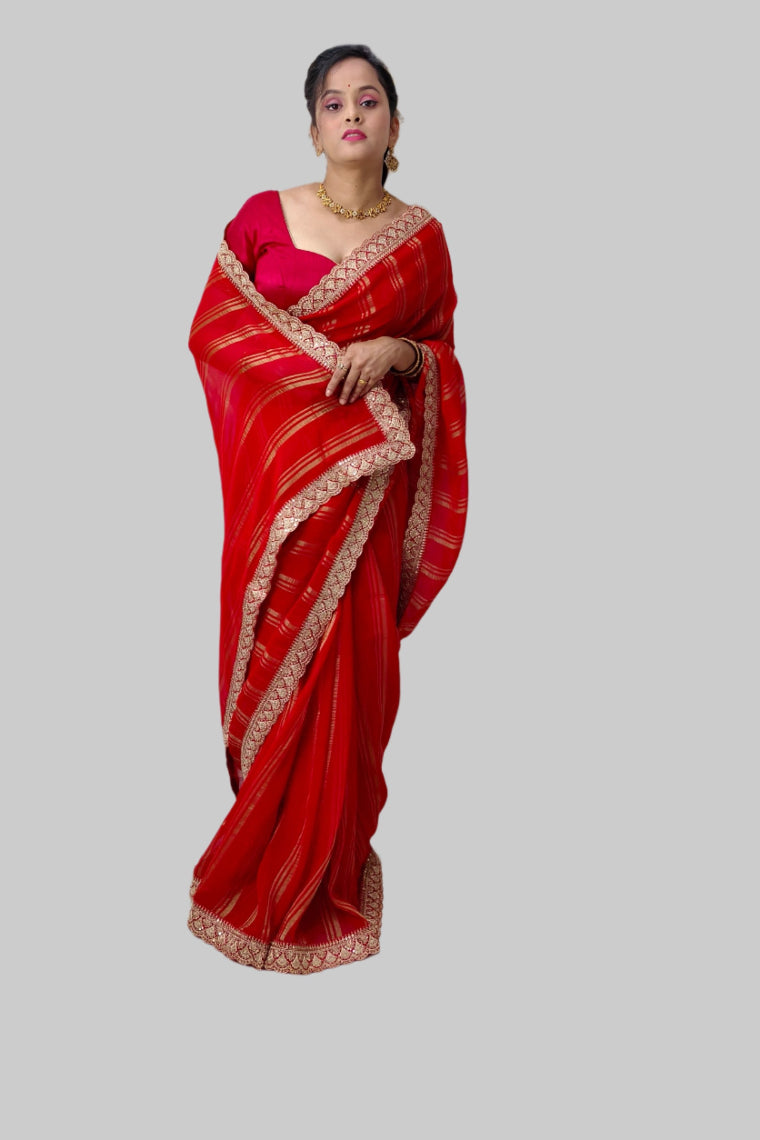 Elegant Chiffon Saree with Lace Border and Golden Prints