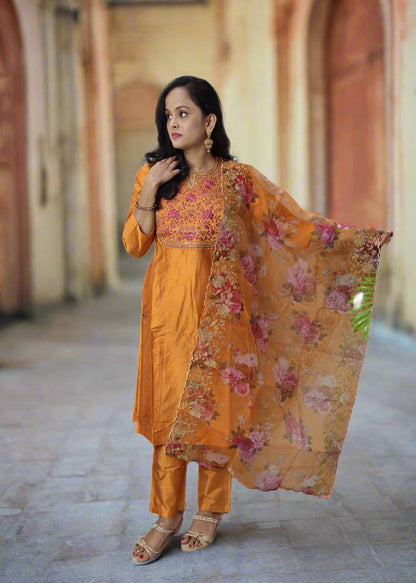 Embroidered Kurta Set with Organza Dupatta