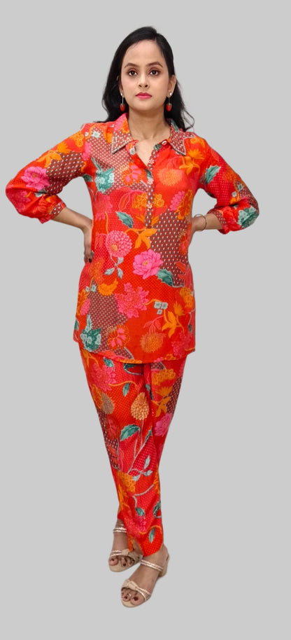 Vibrant Floral Co-ord Set: Bold Elegance in Red and Orange